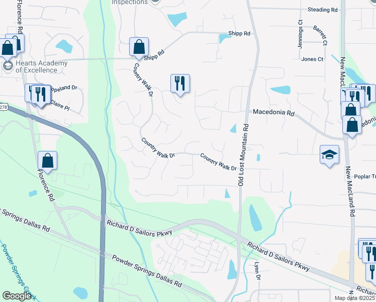 map of restaurants, bars, coffee shops, grocery stores, and more near 3366 Timber Ridge in Powder Springs