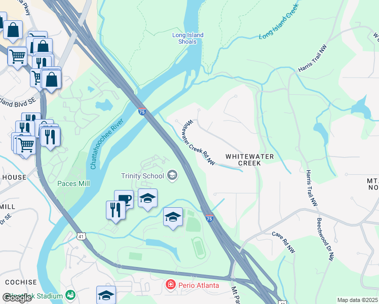 map of restaurants, bars, coffee shops, grocery stores, and more near 4070 Whitewater Creek Road Northwest in Atlanta