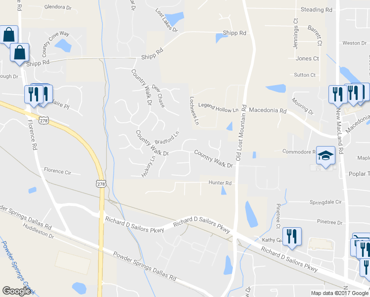 map of restaurants, bars, coffee shops, grocery stores, and more near 3265 Country Walk Drive in Powder Springs