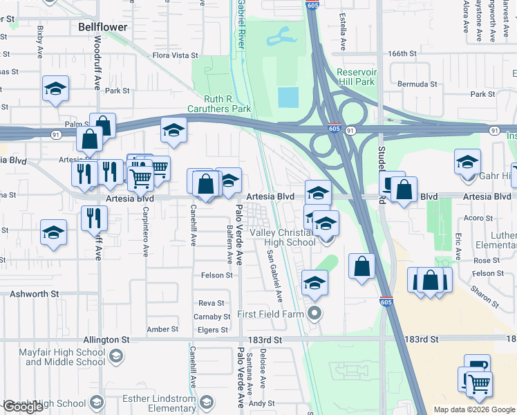 map of restaurants, bars, coffee shops, grocery stores, and more near 17662 Palo Verde Avenue in Cerritos