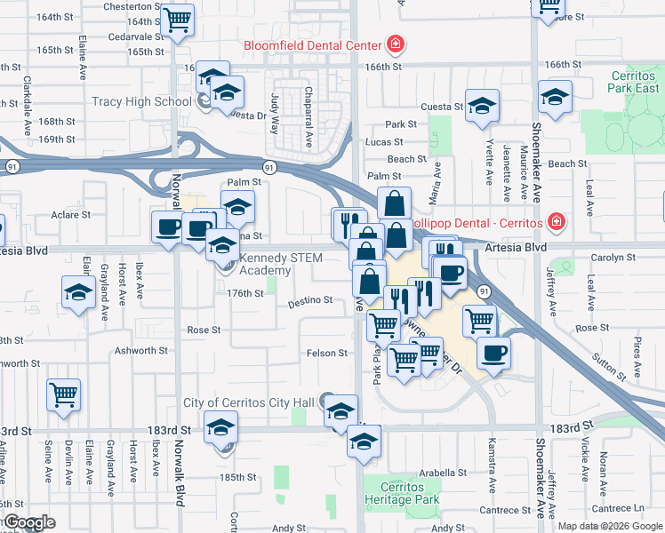 map of restaurants, bars, coffee shops, grocery stores, and more near 12524 Bryce Circle in Cerritos