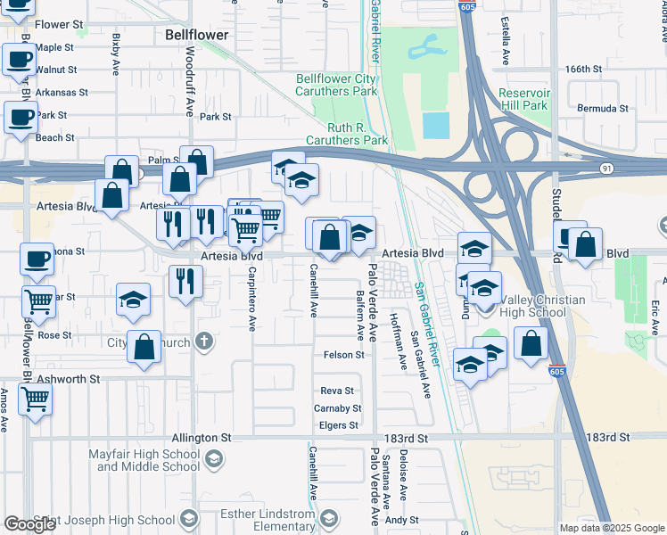 map of restaurants, bars, coffee shops, grocery stores, and more near 10511 Artesia Boulevard in Bellflower