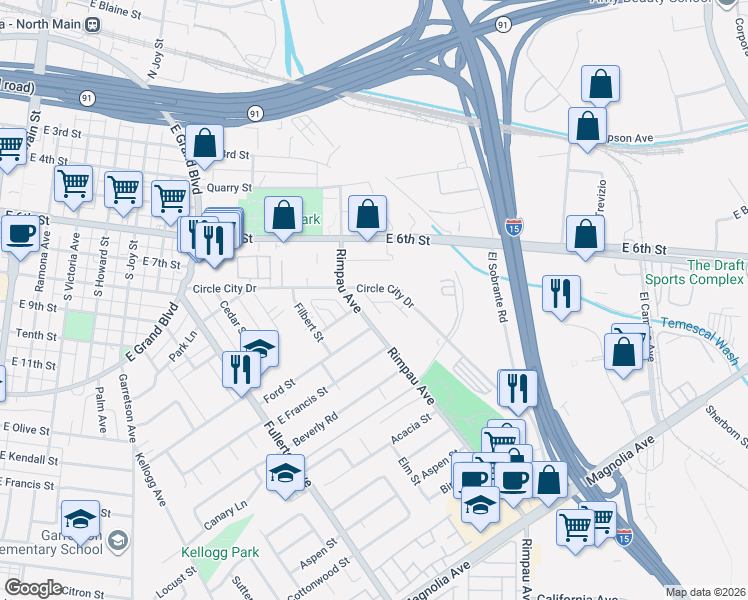 map of restaurants, bars, coffee shops, grocery stores, and more near 1149 Circle City Drive in Corona
