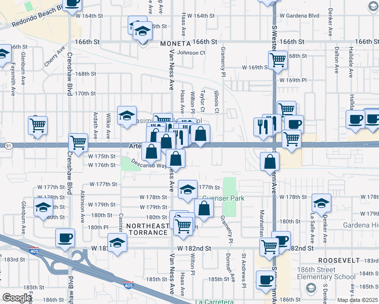 map of restaurants, bars, coffee shops, grocery stores, and more near 17326 Haas Avenue in Torrance