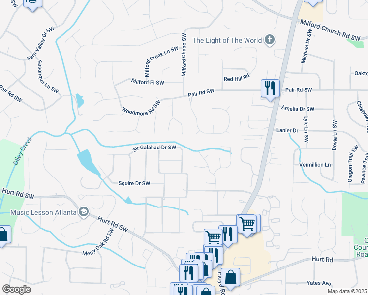 map of restaurants, bars, coffee shops, grocery stores, and more near 1564 Sir Galahad Drive Southwest in Marietta