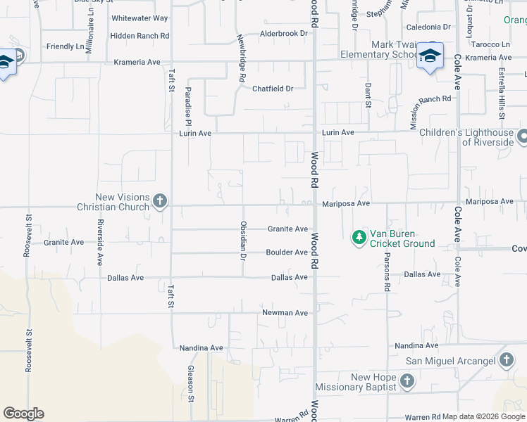 map of restaurants, bars, coffee shops, grocery stores, and more near 18820 Mariposa Avenue in Riverside