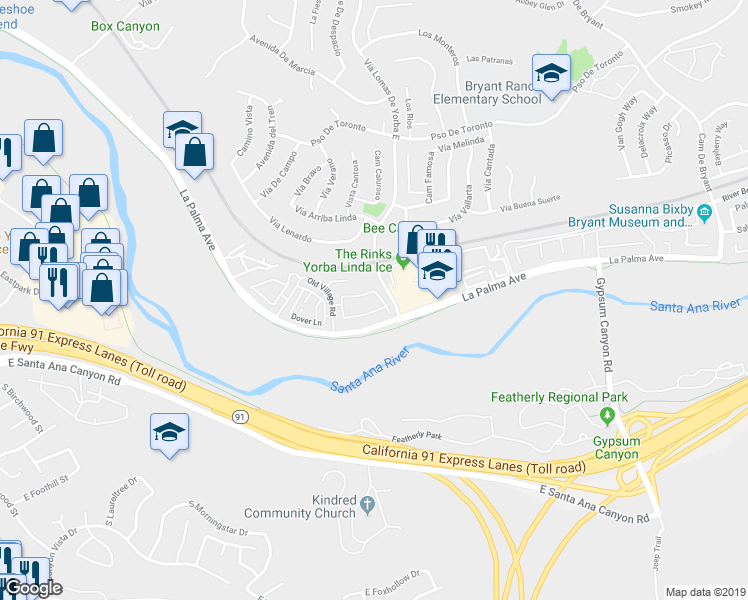 map of restaurants, bars, coffee shops, grocery stores, and more near 5887 Portsmouth Road in Yorba Linda