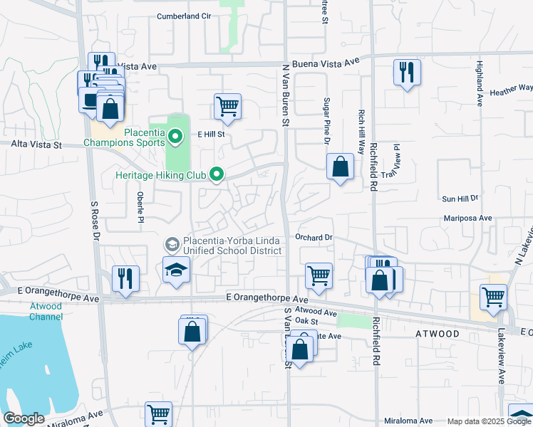 map of restaurants, bars, coffee shops, grocery stores, and more near 339 Draft Way in Placentia