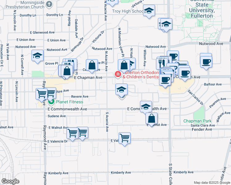 map of restaurants, bars, coffee shops, grocery stores, and more near 1801 East Wilshire Avenue in Fullerton