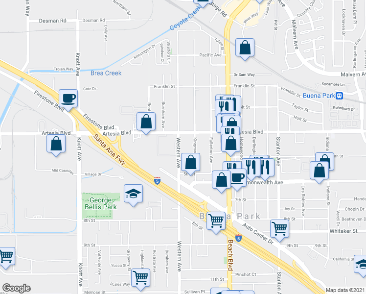 map of restaurants, bars, coffee shops, grocery stores, and more near in Buena Park