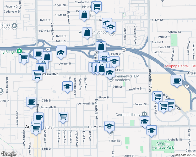 map of restaurants, bars, coffee shops, grocery stores, and more near in Cerritos