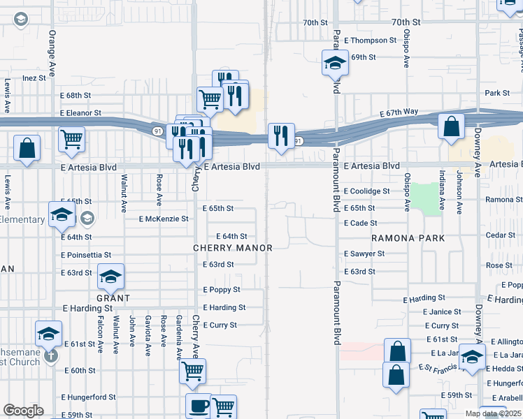 map of restaurants, bars, coffee shops, grocery stores, and more near 6504 Raymond Avenue in Long Beach