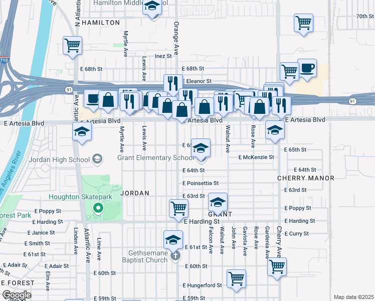 map of restaurants, bars, coffee shops, grocery stores, and more near 6502 Brayton Avenue in Long Beach