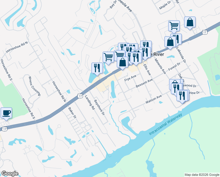map of restaurants, bars, coffee shops, grocery stores, and more near 1380 U.S. 17 in Little River