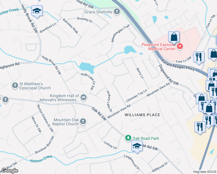 map of restaurants, bars, coffee shops, grocery stores, and more near 1670 Hickory Lake Drive in Snellville