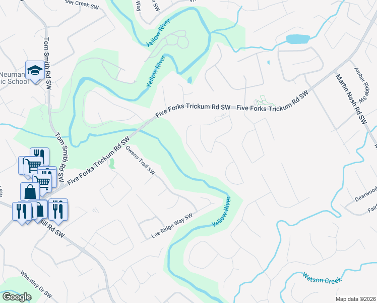 map of restaurants, bars, coffee shops, grocery stores, and more near 3781 Terrasol Trail Southwest in Lilburn