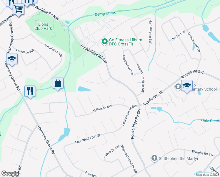 map of restaurants, bars, coffee shops, grocery stores, and more near 110 Fourche Place Southwest in Lilburn