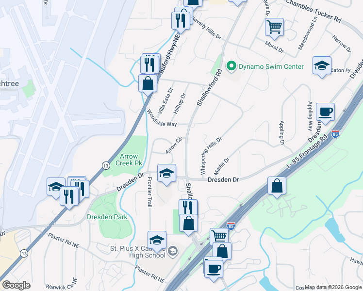 map of restaurants, bars, coffee shops, grocery stores, and more near 2404 Arrow Circle in Chamblee