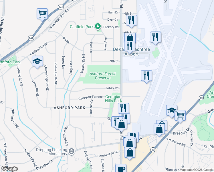 map of restaurants, bars, coffee shops, grocery stores, and more near 1886 Tobey Road in Chamblee
