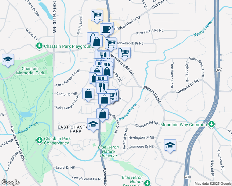 map of restaurants, bars, coffee shops, grocery stores, and more near Midvale Drive Northeast in Atlanta