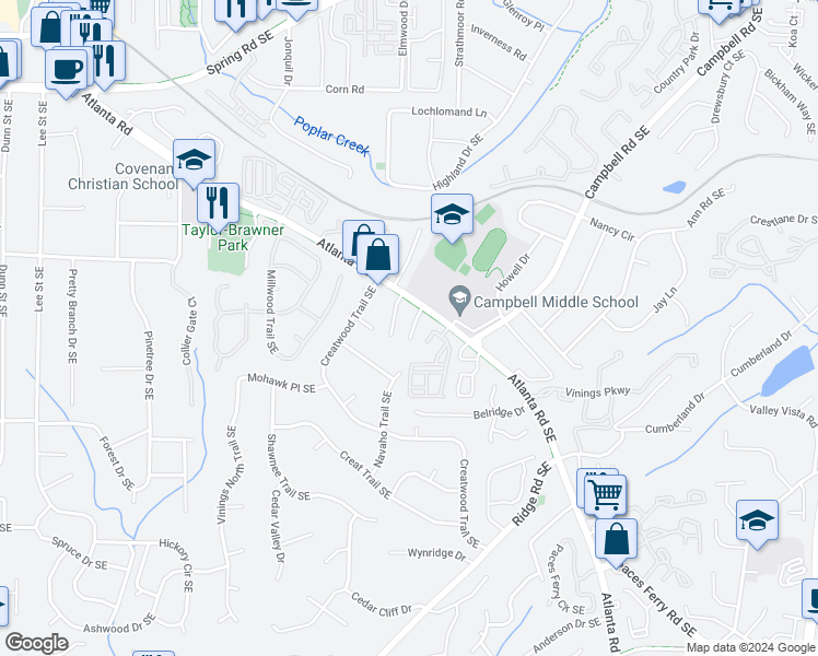 map of restaurants, bars, coffee shops, grocery stores, and more near 37 Villa Court Southeast in Smyrna
