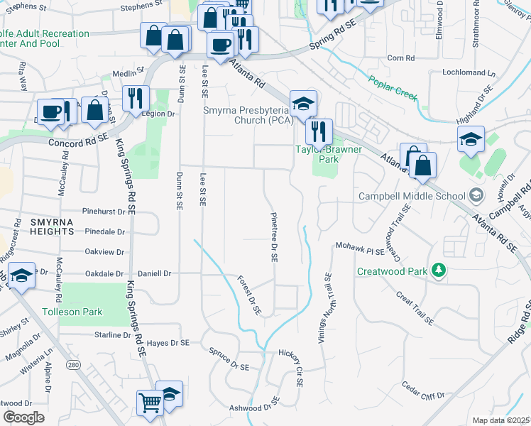 map of restaurants, bars, coffee shops, grocery stores, and more near 3206 Collier Gate Court in Smyrna