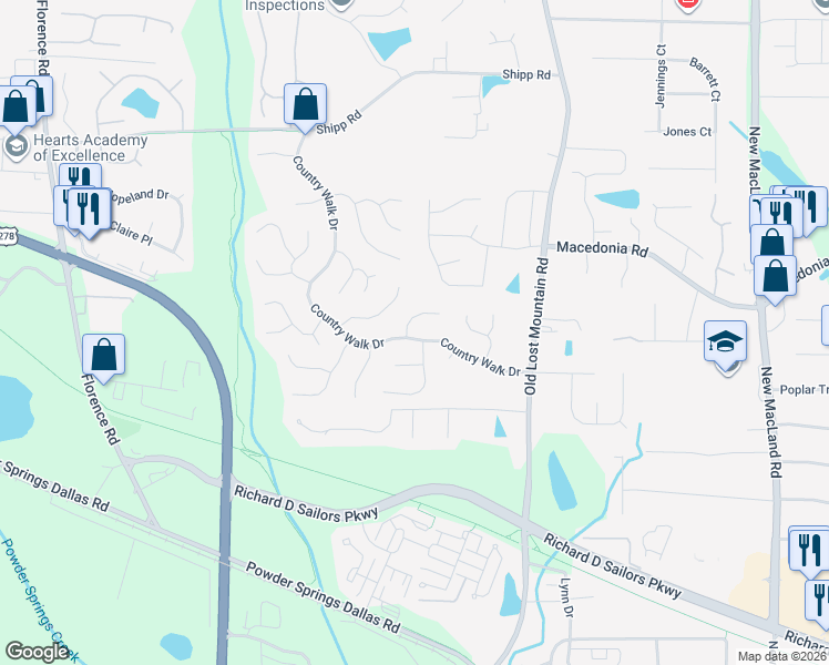 map of restaurants, bars, coffee shops, grocery stores, and more near 3265 Country Walk Drive in Powder Springs