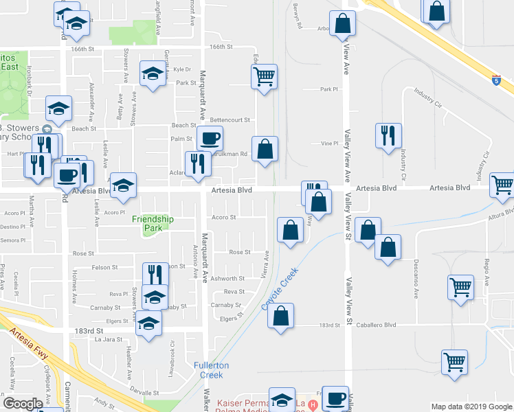 map of restaurants, bars, coffee shops, grocery stores, and more near 17502 De Oro Court in Cerritos