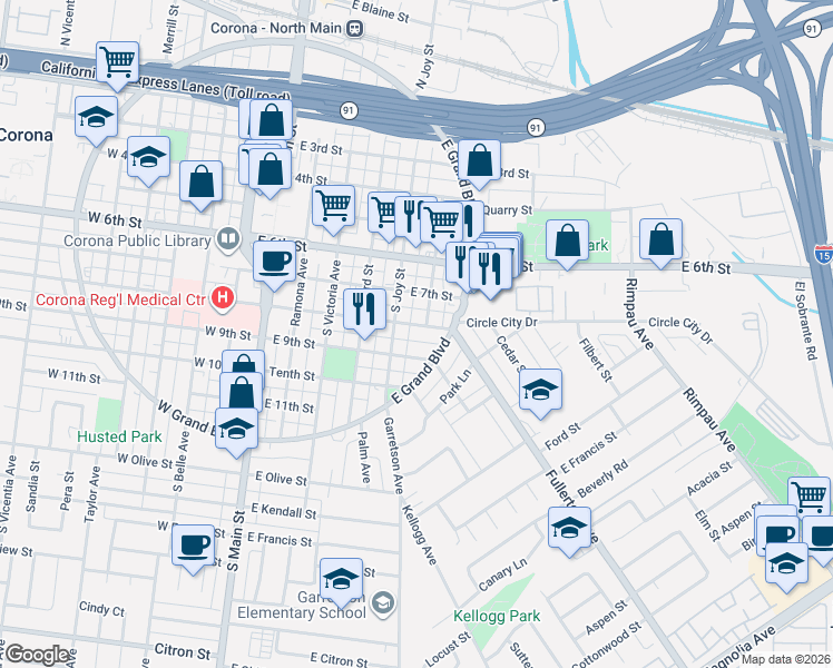 map of restaurants, bars, coffee shops, grocery stores, and more near 520 East 8th Street in Corona