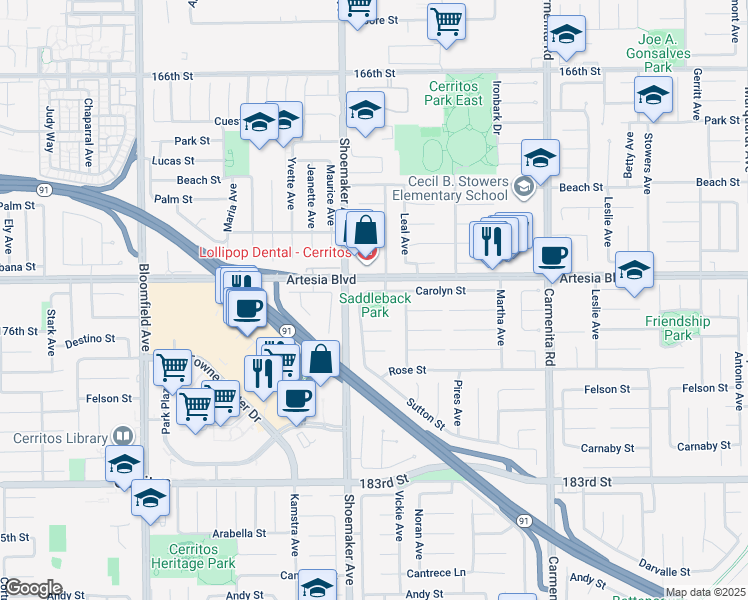map of restaurants, bars, coffee shops, grocery stores, and more near 13037 Acoro Street in Cerritos