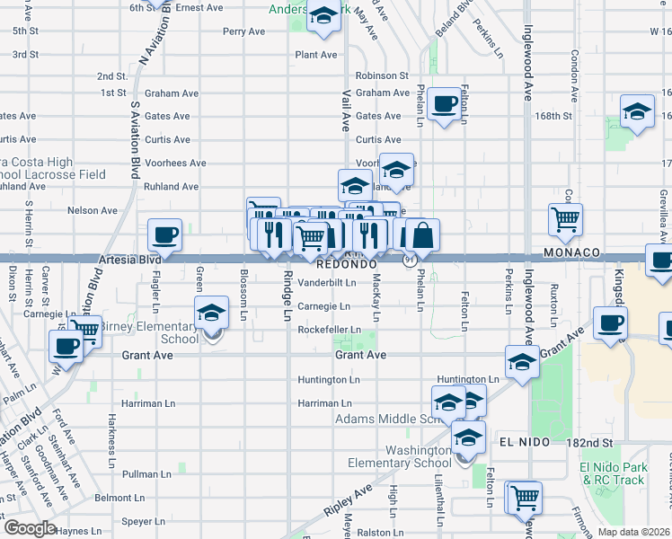 map of restaurants, bars, coffee shops, grocery stores, and more near 1908 Slauson Lane in Redondo Beach