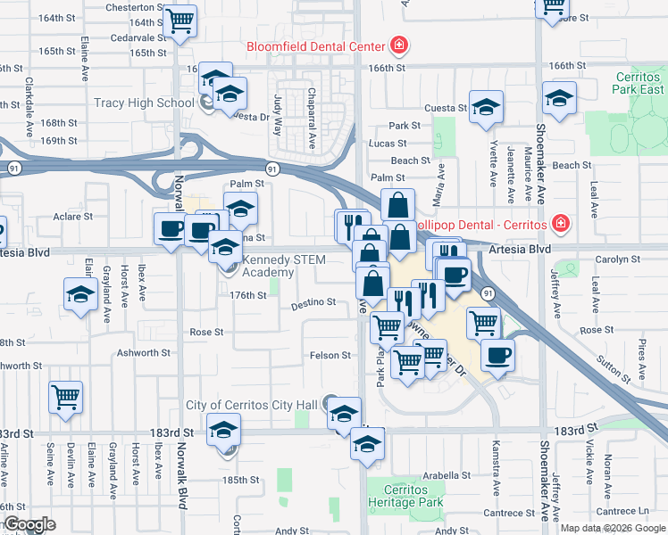 map of restaurants, bars, coffee shops, grocery stores, and more near 12524 Bryce Circle in Cerritos