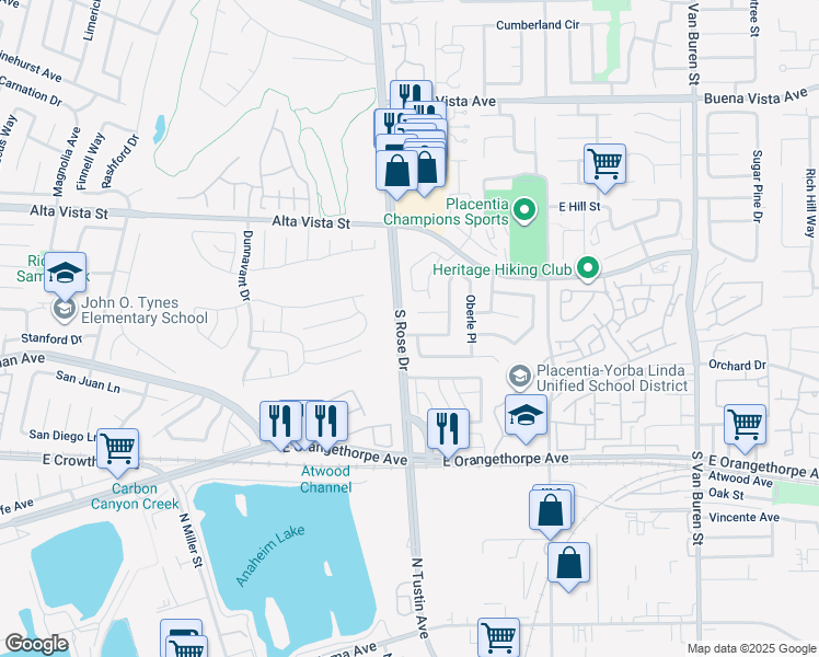 map of restaurants, bars, coffee shops, grocery stores, and more near 1203 Castner Drive in Placentia