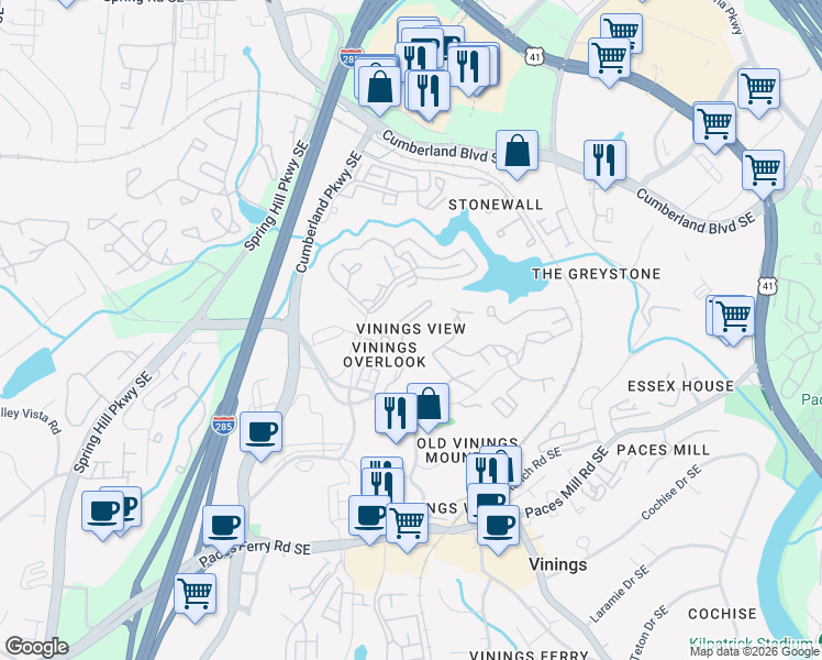 map of restaurants, bars, coffee shops, grocery stores, and more near 3155 7 Pines Court Northwest in Atlanta