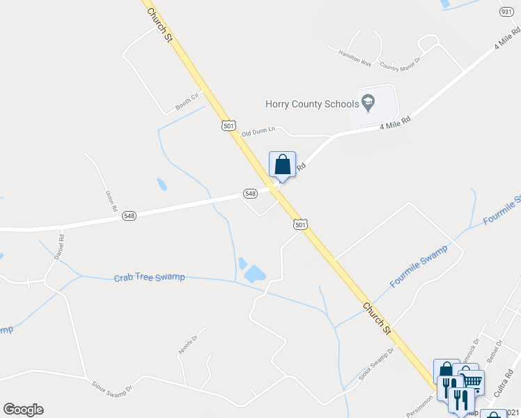 map of restaurants, bars, coffee shops, grocery stores, and more near 3353 Church Street in Conway