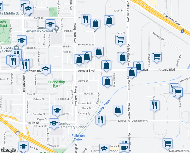 map of restaurants, bars, coffee shops, grocery stores, and more near 17502 De Oro Court in Cerritos