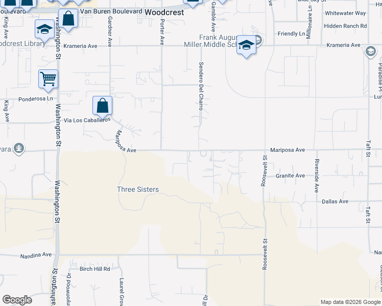 map of restaurants, bars, coffee shops, grocery stores, and more near 18165 Mariposa Avenue in Riverside