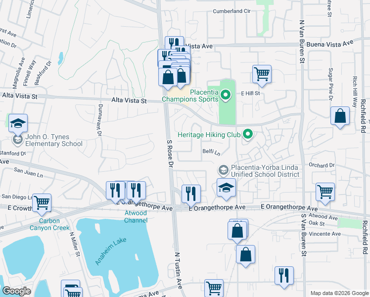 map of restaurants, bars, coffee shops, grocery stores, and more near 401 Rodarte Place in Placentia