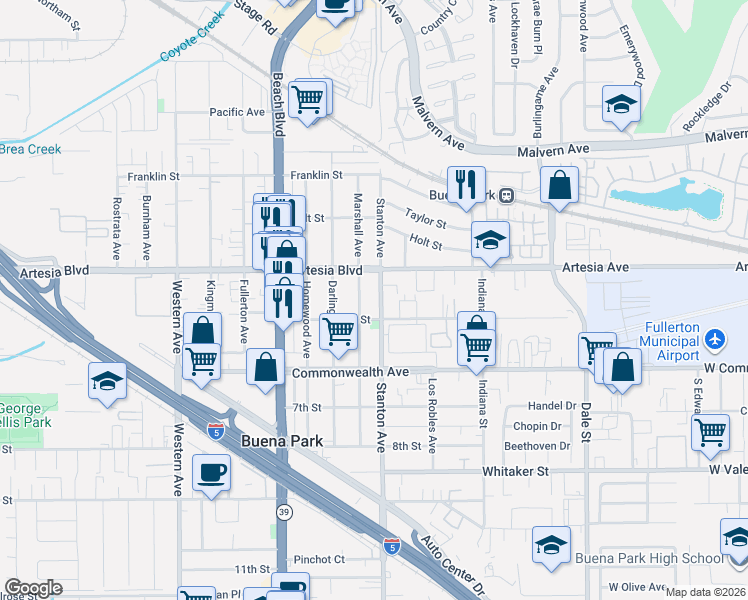 map of restaurants, bars, coffee shops, grocery stores, and more near 6032 Marshall Avenue in Buena Park