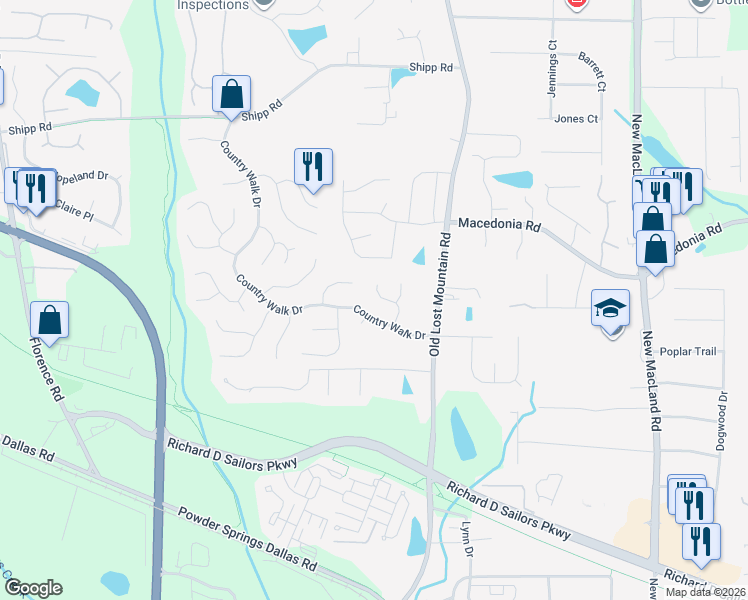 map of restaurants, bars, coffee shops, grocery stores, and more near 3378 Stone Path Way in Powder Springs