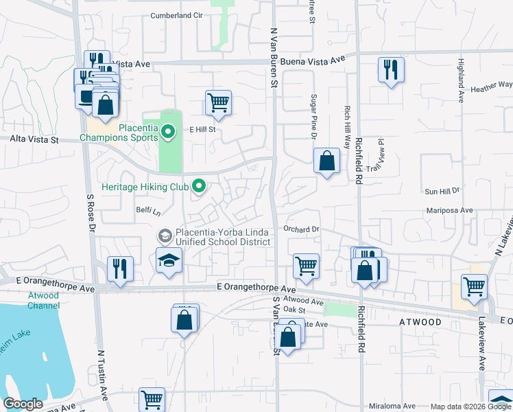 map of restaurants, bars, coffee shops, grocery stores, and more near 339 Draft Way in Placentia