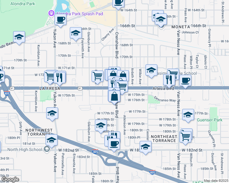 map of restaurants, bars, coffee shops, grocery stores, and more near 3133 Artesia Boulevard in Torrance