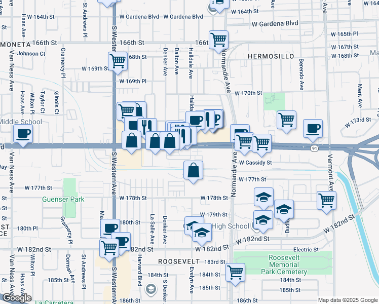 map of restaurants, bars, coffee shops, grocery stores, and more near 8 Artesia Boulevard in Gardena