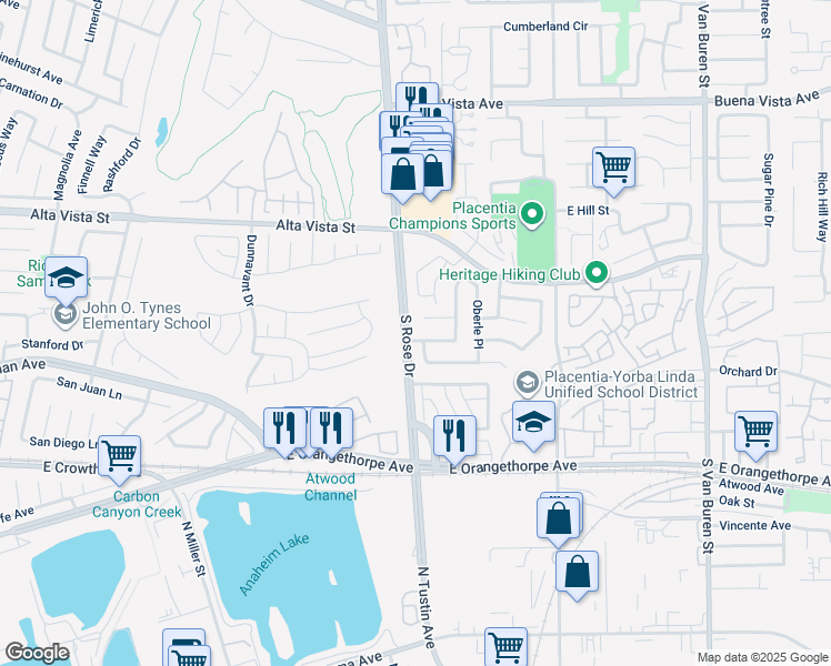 map of restaurants, bars, coffee shops, grocery stores, and more near 1203 Castner Drive in Placentia