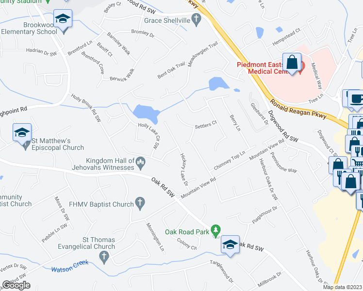 map of restaurants, bars, coffee shops, grocery stores, and more near 1670 Hickory Lake Drive in Snellville