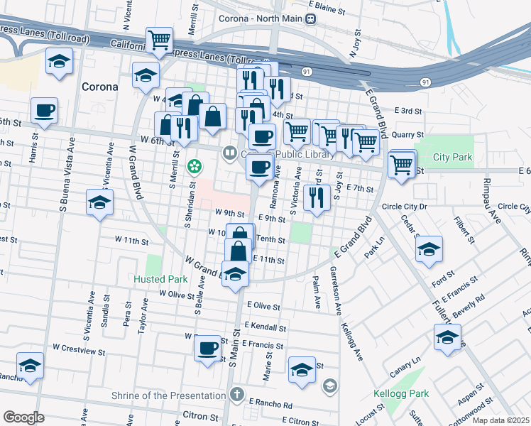 map of restaurants, bars, coffee shops, grocery stores, and more near 809 Ramona Avenue in Corona