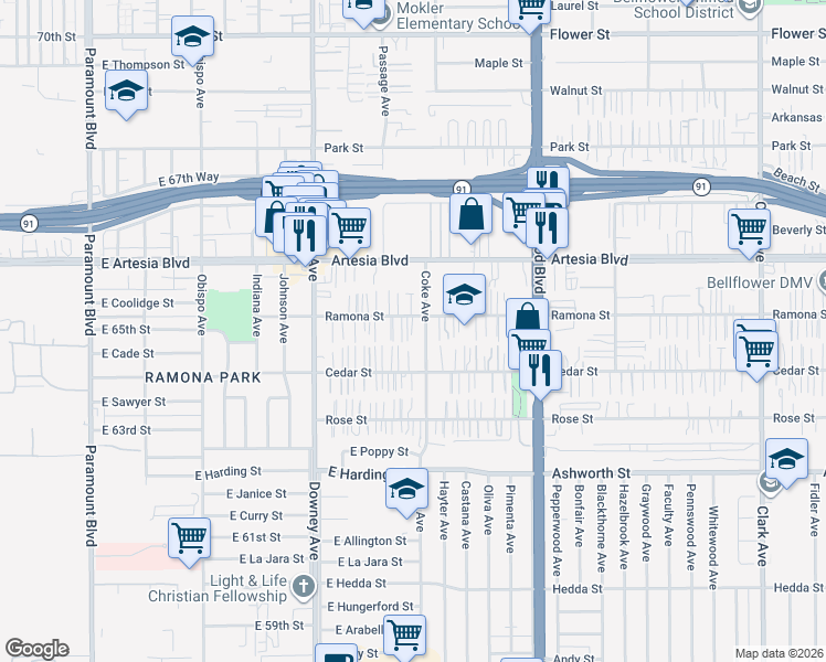 map of restaurants, bars, coffee shops, grocery stores, and more near 8646 Ramona Street in Bellflower