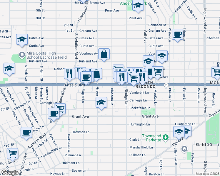 map of restaurants, bars, coffee shops, grocery stores, and more near 2020 Artesia Boulevard in Redondo Beach