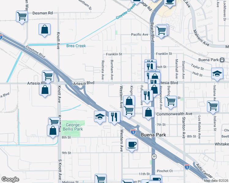 map of restaurants, bars, coffee shops, grocery stores, and more near 7400 Artesia Boulevard in Buena Park