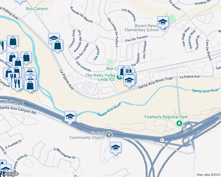 map of restaurants, bars, coffee shops, grocery stores, and more near 6109 Salem Road in Yorba Linda